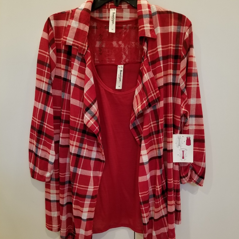 B&B Boutique red plaid 3/4 sleeve open set